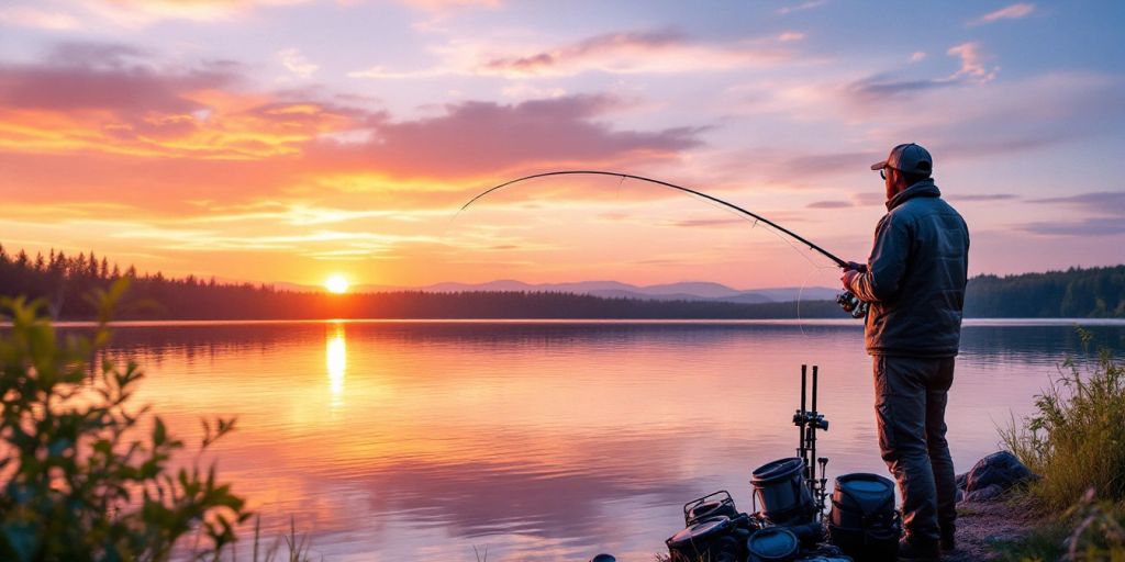 Angler fishing at sunset by a tranquil lake.