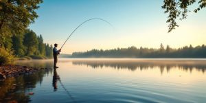 Fisherman casting line at dawn by serene lake.