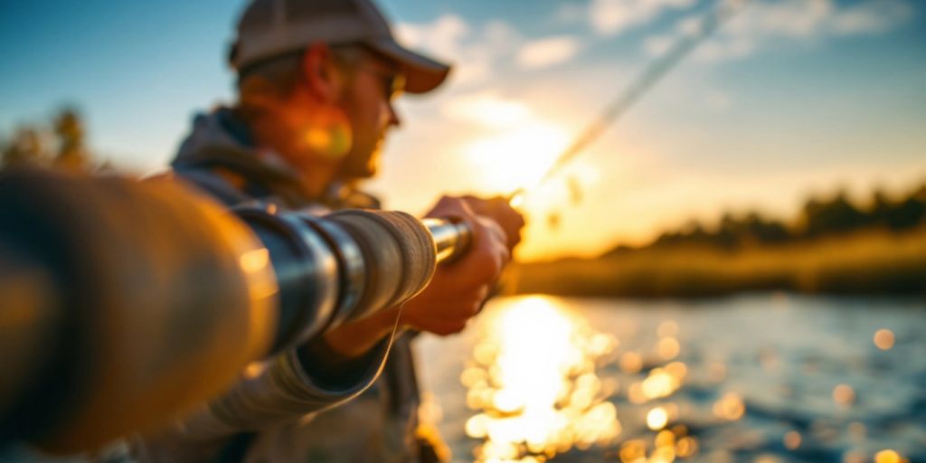 Angler casting a fishing rod at sunrise over water.