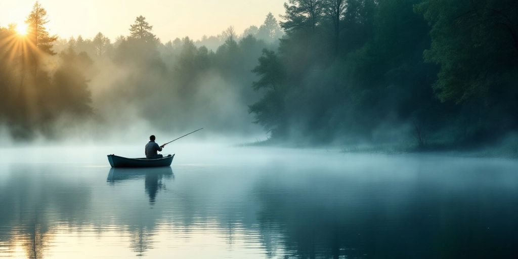 Fisherman in a boat on a tranquil lake at sunrise.