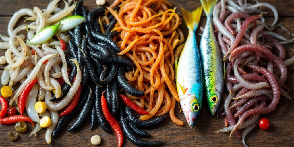 Colorful fishing bait on a rustic wooden table.