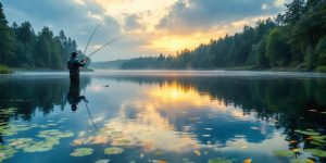 Fisherman casting line on a tranquil lake at dawn.