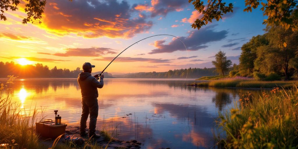 Angler casting line into a tranquil lake at sunrise.